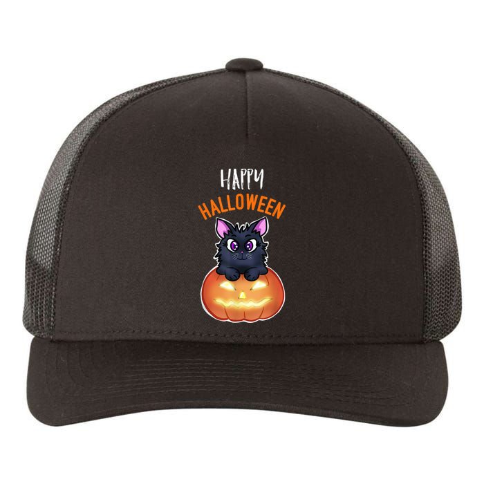 Cool Happy Halloween Cat And Jack O Lantern Yupoong Adult 5-Panel Trucker Hat