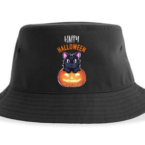 Cool Happy Halloween Cat And Jack O Lantern Sustainable Bucket Hat