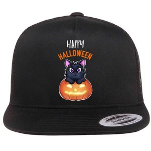 Cool Happy Halloween Cat And Jack O Lantern Flat Bill Trucker Hat