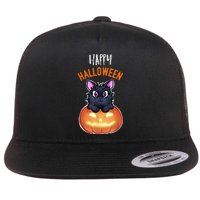 Cool Happy Halloween Cat And Jack O Lantern Flat Bill Trucker Hat