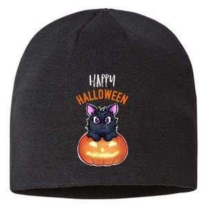 Cool Happy Halloween Cat And Jack O Lantern Sustainable Beanie