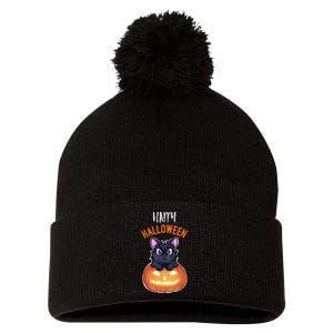 Cool Happy Halloween Cat And Jack O Lantern Pom Pom 12in Knit Beanie