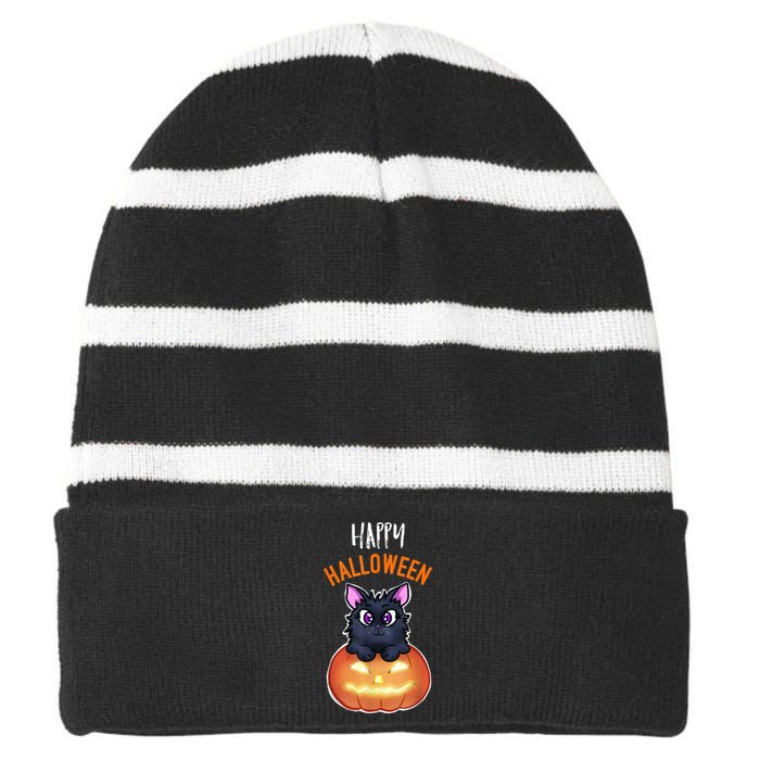 Cool Happy Halloween Cat And Jack O Lantern Striped Beanie with Solid Band