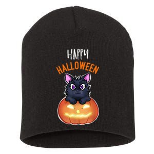 Cool Happy Halloween Cat And Jack O Lantern Short Acrylic Beanie