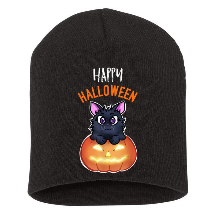 Cool Happy Halloween Cat And Jack O Lantern Short Acrylic Beanie