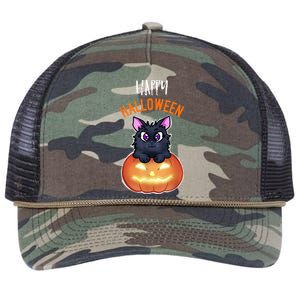 Cool Happy Halloween Cat And Jack O Lantern Retro Rope Trucker Hat Cap