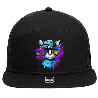 Cool Hipster Hip Cat With Shades Scarf And Hat 7 Panel Mesh Trucker Snapback Hat
