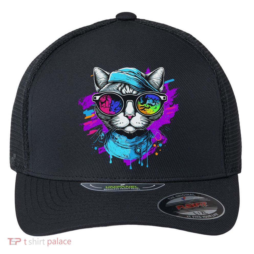 Cool Hipster Hip Cat With Shades Scarf And Hat Flexfit Unipanel Trucker Cap