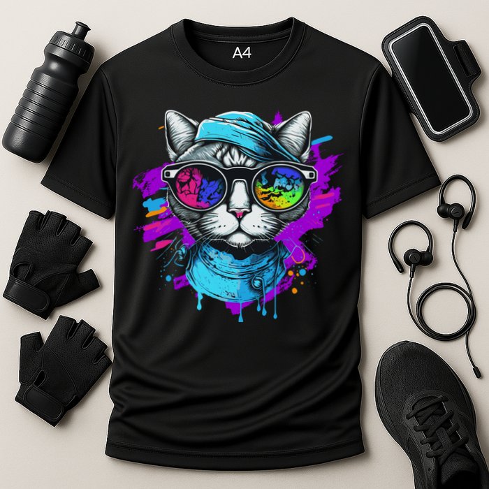 Cool Hipster Hip Cat With Shades Scarf And Hat Cooling Performance Crew T-Shirt