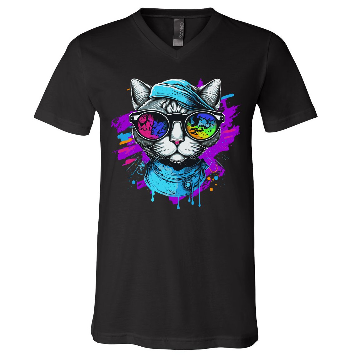 Cool Hipster Hip Cat With Shades Scarf And Hat V-Neck T-Shirt
