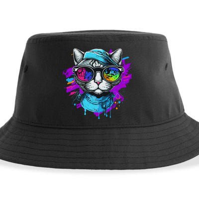 Cool Hipster Hip Cat With Shades Scarf And Hat Sustainable Bucket Hat