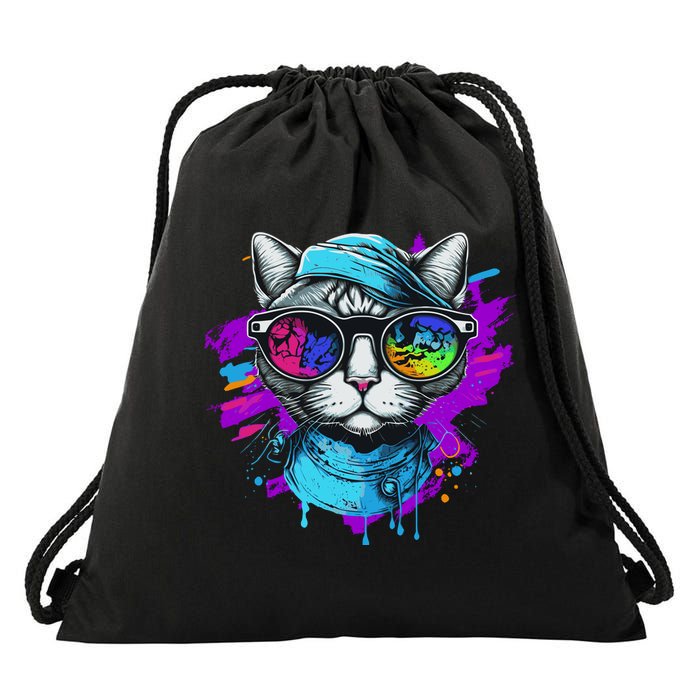 Cool Hipster Hip Cat With Shades Scarf And Hat Drawstring Bag