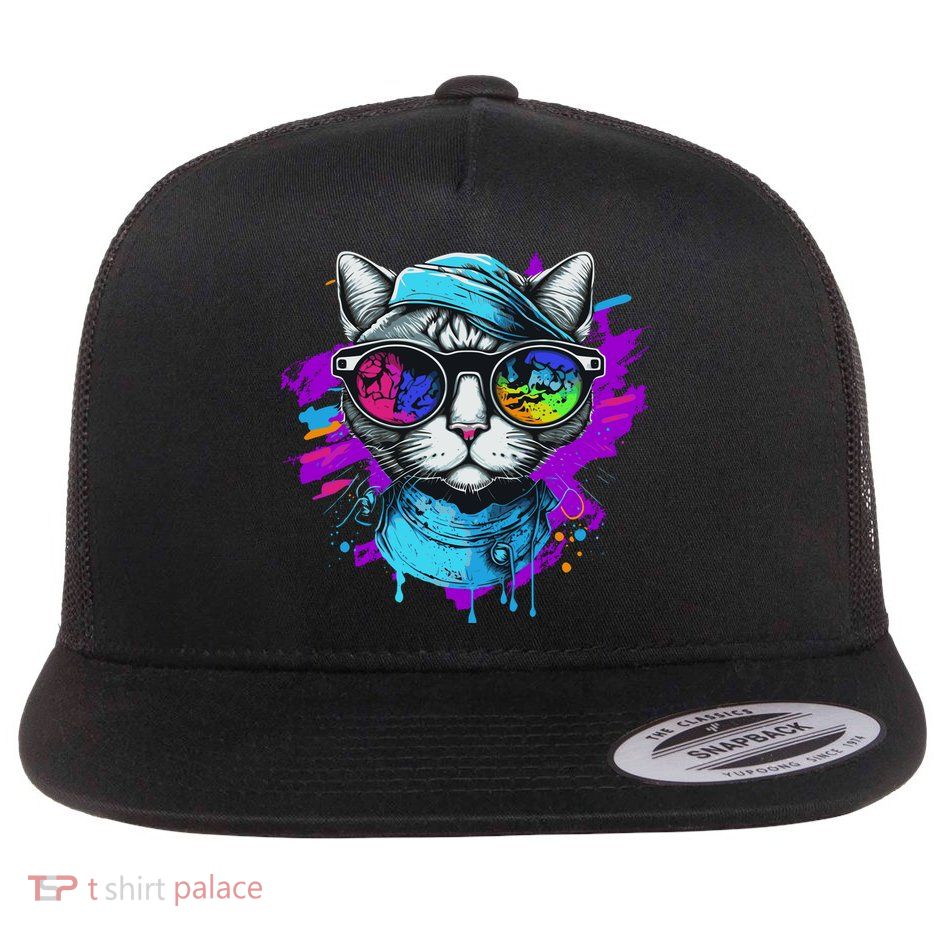 Cool Hipster Hip Cat With Shades Scarf And Hat Flat Bill Trucker Hat