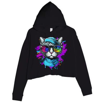 Cool Hipster Hip Cat With Shades Scarf And Hat Crop Fleece Hoodie