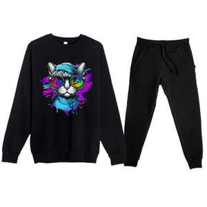 Cool Hipster Hip Cat With Shades Scarf And Hat Premium Crewneck Sweatsuit Set