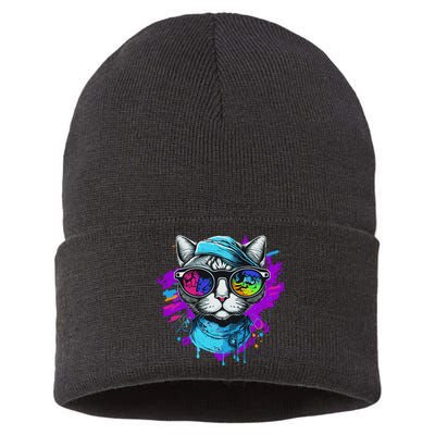 Cool Hipster Hip Cat With Shades Scarf And Hat Sustainable Knit Beanie