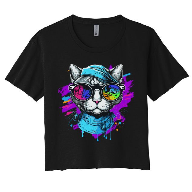 Cool Hipster Hip Cat With Shades Scarf And Hat Crop Top