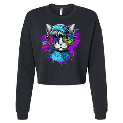 Cool Hipster Hip Cat With Shades Scarf And Hat Cropped Pullover Crew