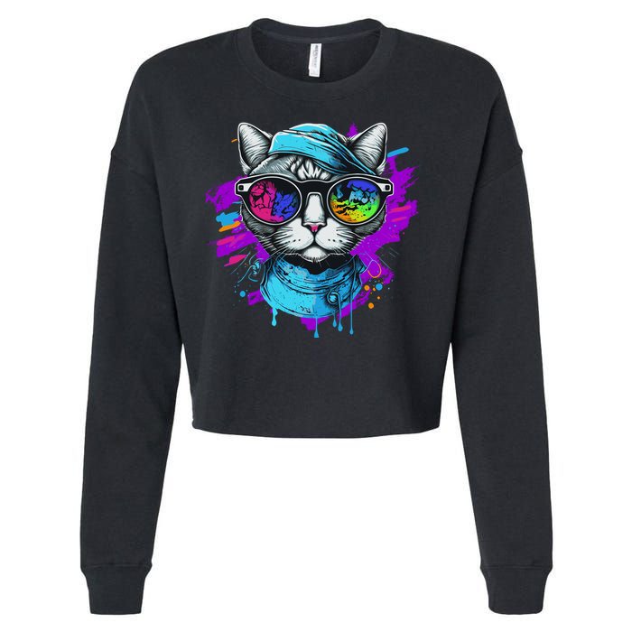 Cool Hipster Hip Cat With Shades Scarf And Hat Cropped Pullover Crew