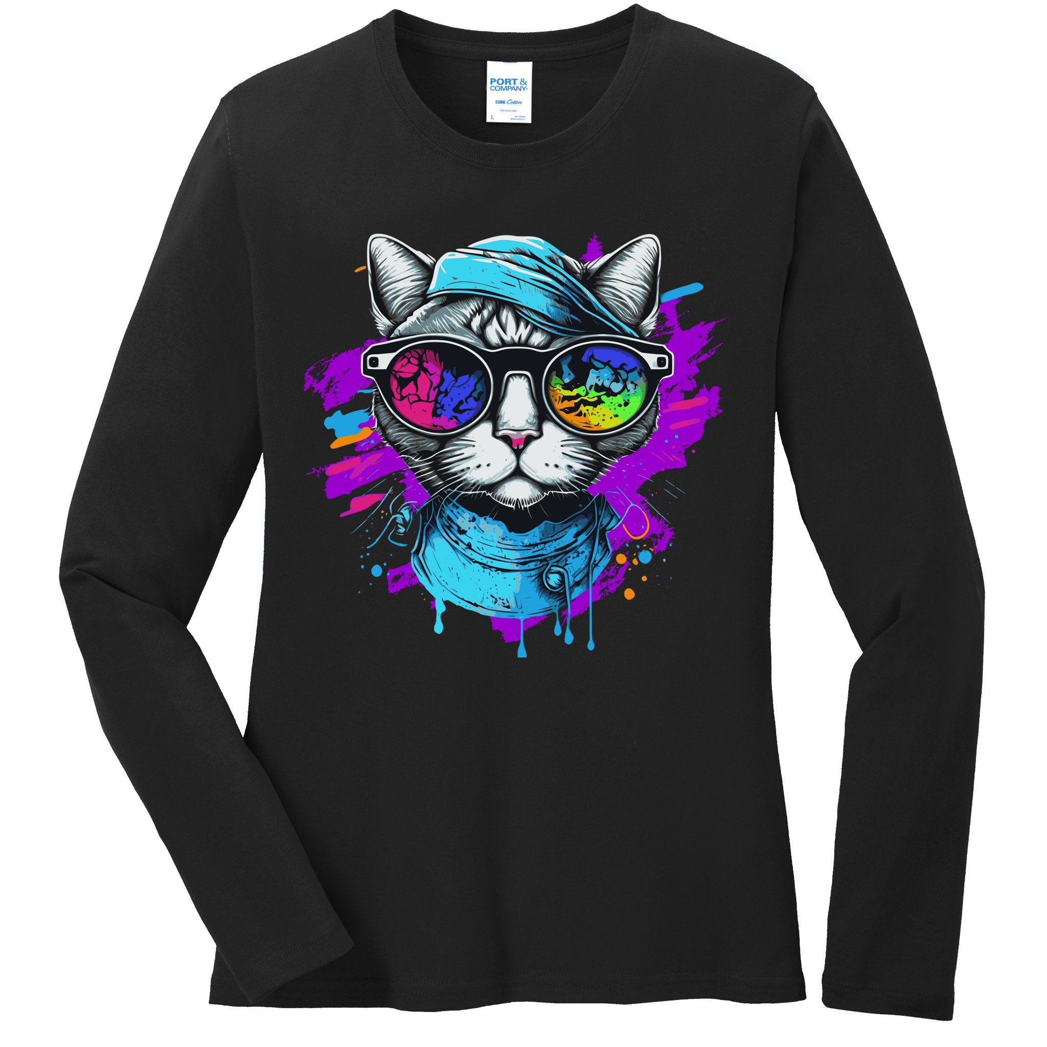 Cool Hipster Hip Cat With Shades Scarf And Hat Ladies Long Sleeve Shirt