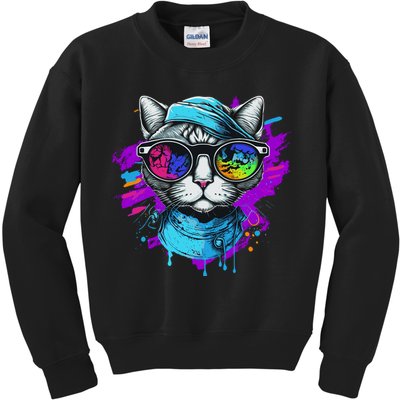 Cool Hipster Hip Cat With Shades Scarf And Hat Kids Sweatshirt