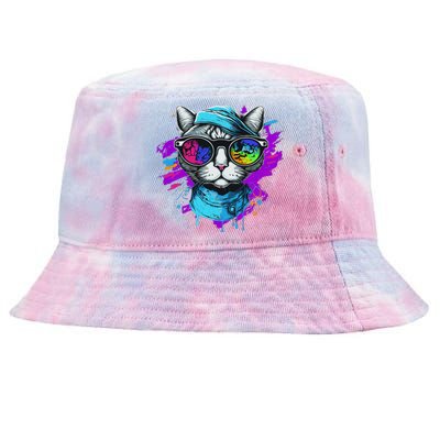 Cool Hipster Hip Cat With Shades Scarf And Hat Tie-Dyed Bucket Hat