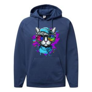 Cool Hipster Hip Cat With Shades Scarf And Hat Performance Fleece Hoodie