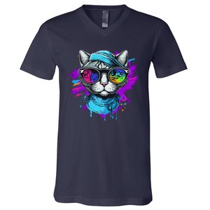 Cool Hipster Hip Cat With Shades Scarf And Hat V-Neck T-Shirt