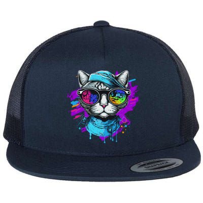 Cool Hipster Hip Cat With Shades Scarf And Hat Flat Bill Trucker Hat