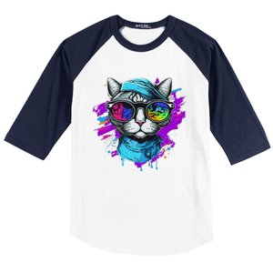 Cool Hipster Hip Cat With Shades Scarf And Hat Baseball Sleeve Shirt