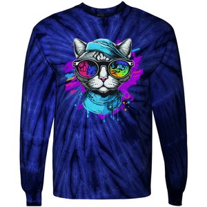 Cool Hipster Hip Cat With Shades Scarf And Hat Tie-Dye Long Sleeve Shirt