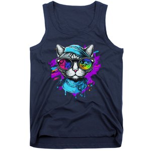 Cool Hipster Hip Cat With Shades Scarf And Hat Tank Top