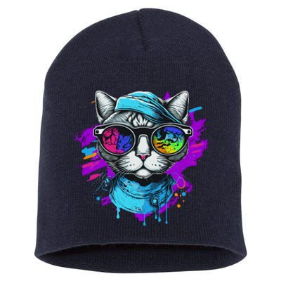 Cool Hipster Hip Cat With Shades Scarf And Hat Short Acrylic Beanie