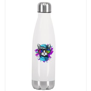 Cool Hipster Hip Cat With Shades Scarf And Hat Stainless Steel Insulated Water Bottle