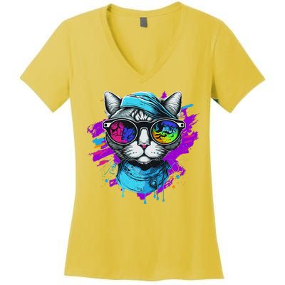 Cool Hipster Hip Cat With Shades Scarf And Hat Women's V-Neck T-Shirt
