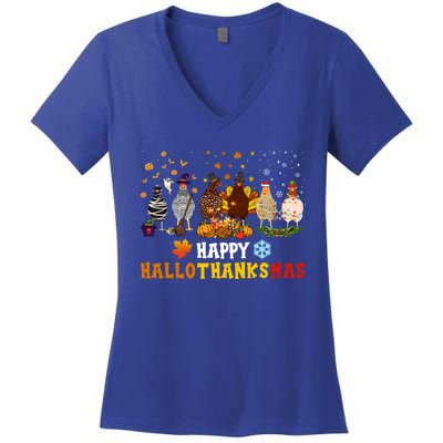 Chicken Halloween Happy Hallothanksmas Autumn Thanksgiving Gift Women's V-Neck T-Shirt