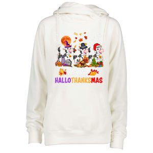 Cow Happy Hallothanksmas Funny Halloween Thanksgiving Farmer Gift Womens Funnel Neck Pullover Hood