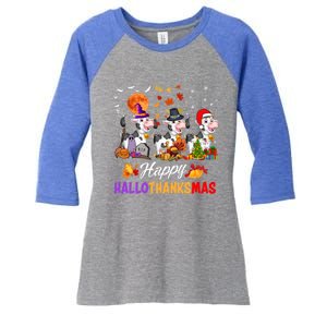 Cow Happy Hallothanksmas Funny Halloween Thanksgiving Farmer Gift Women's Tri-Blend 3/4-Sleeve Raglan Shirt