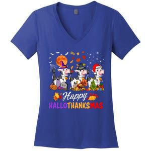 Cow Happy Hallothanksmas Funny Halloween Thanksgiving Farmer Gift Women's V-Neck T-Shirt