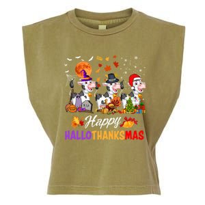 Cow Happy Hallothanksmas Funny Halloween Thanksgiving Farmer Gift Garment-Dyed Women's Muscle Tee