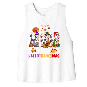 Cow Happy Hallothanksmas Funny Halloween Thanksgiving Farmer Gift Women's Racerback Cropped Tank