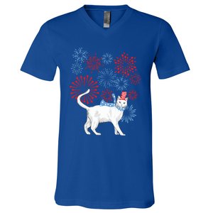 Cat Happy Independence Day Fireworks Memorial Day Gift V-Neck T-Shirt