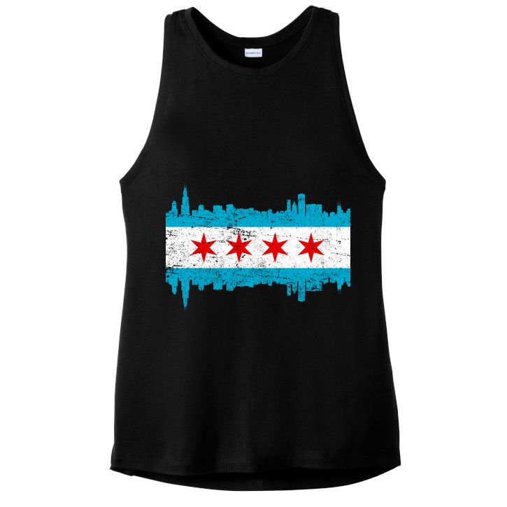 Chicago City Skyline Flag Vintage Ladies PosiCharge Tri-Blend Wicking Tank