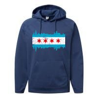 Chicago City Skyline Flag Vintage Performance Fleece Hoodie