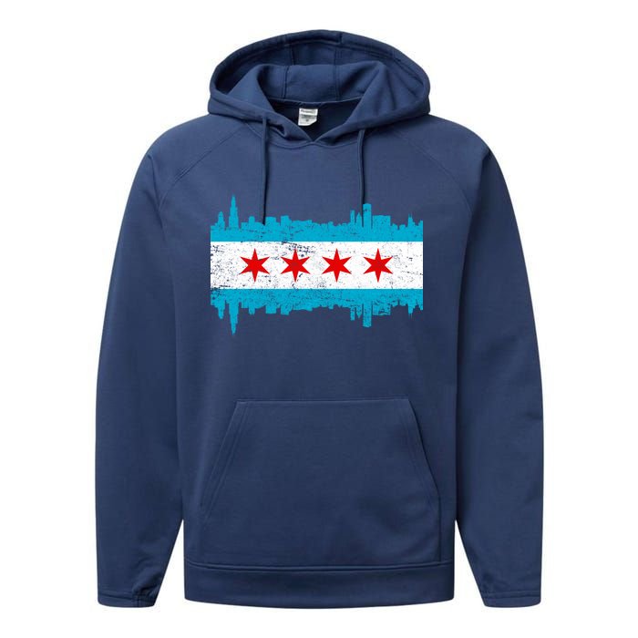 Chicago City Skyline Flag Vintage Performance Fleece Hoodie