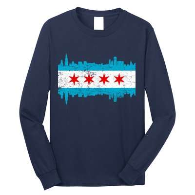 Chicago City Skyline Flag Vintage Long Sleeve Shirt