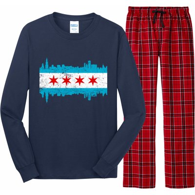 Chicago City Skyline Flag Vintage Long Sleeve Pajama Set