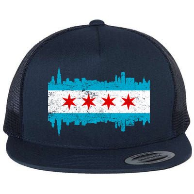 Chicago City Skyline Flag Vintage Flat Bill Trucker Hat