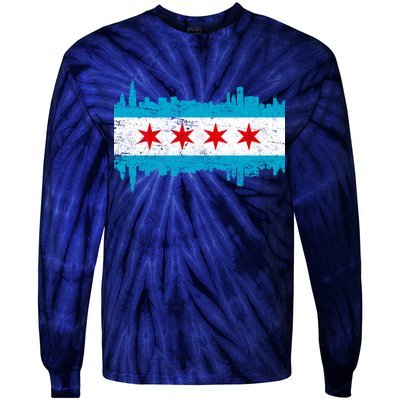 Chicago City Skyline Flag Vintage Tie-Dye Long Sleeve Shirt