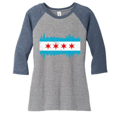 Chicago City Skyline Flag Vintage Women's Tri-Blend 3/4-Sleeve Raglan Shirt